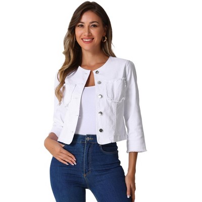 Allegra K Women's Cropped Denim Jacket 3/4 Sleeves Frayed Casual Collarless Jean Jackets