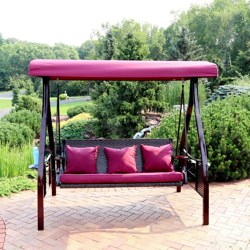 Sunnydaze 3-Person Outdoor Patio Swing with Adjustable Canopy Shade, Foldable Side Tables, Cushions and Pillow, Merlot, 4 of 14