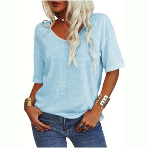 Imily Bela Women's Casual V Neck Half Sleeve Oversized T Shirt Solid Color Basic Top - 1 of 4