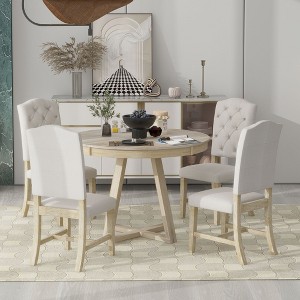 CAVINAS Round Dining Table Set for 4 Retro Extendable Dining Table with a 16"W Leaf, 4 Upholstered Chairs for Dining Room - 1 of 4
