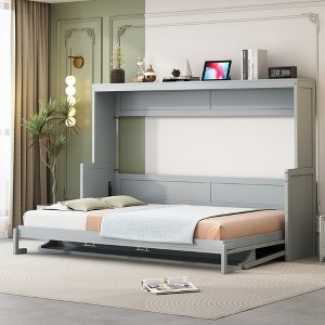 Full/Queen Size Murphy Bed Wall Bed with Hydraulic Lift and Desk Design, White/Gray-ModernLuxe - 1 of 4