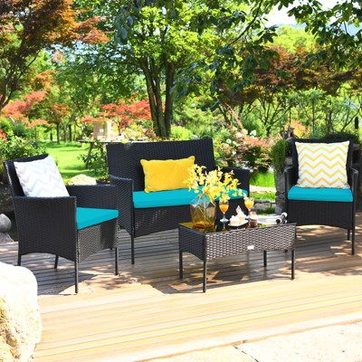 Tangkula Rattan Patio Conversation Set Cushioned Sofa with Coffee Table