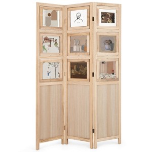 Costway 67” 3 Panel Room Divider with Paulownia Wood Photo Frames Metal Hinges for Home Natural/White - 1 of 4