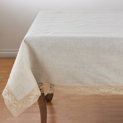Saro Lifestyle Poly And Linen Blend Tablecloth With Embroidered Lace Design, 72"x72", Natural, Square