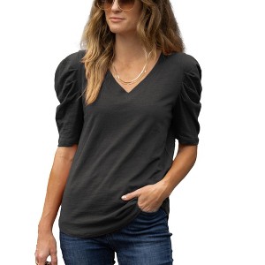 Amaryllis Women's V-Neck Puff Sleeve Tee with Gathered Shoulder Detail Relaxed Fit  Stretch Fabric - 1 of 4