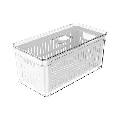 OU Fridge Organizer Bin with Drain Basket & Vented Lid, 5.3qt Clear Stackable Refrigerator Storage Bin, Produce Kitchen Storage Container, BPA Free