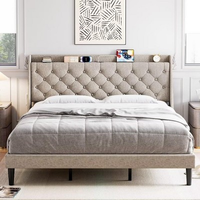 Full Size Bed Frame with Upholstered Wingback Headboard, Luxurious Linen Upholstery Platform Bed with Charging Station, Button Tufted Design, Grey