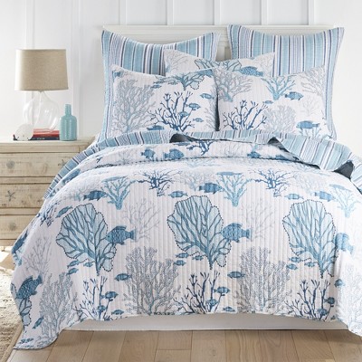 Blue and White Cotton Twin Reversible Quilt Set