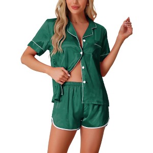 cheibear Women's Satin Silky Short Sleeve Button Down Loungewear Shorts Pajamas Set 2 Pcs - 1 of 4