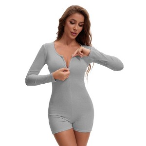 INSPIRE CHIC Women's Long Sleeves Shapewear Tummy Control Front Zipper Ribbed Leotard Jumpsuit - 1 of 4