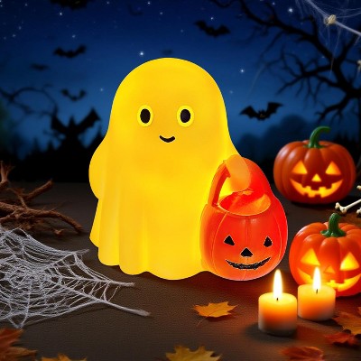 Hachikiko Cute Ghost Statue with Pumpkin Bucket,Whimsical Halloween Decor Figurine for Home & Gift