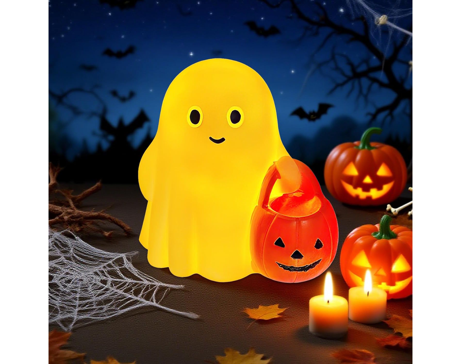 Hachikiko Cute Ghost Statue with Pumpkin Bucket,Whimsical Halloween Decor Figurine for Home & Gift