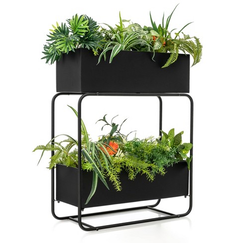 Black and Brown 4 Tier Metal Stand with Natural Wood Planter Boxes