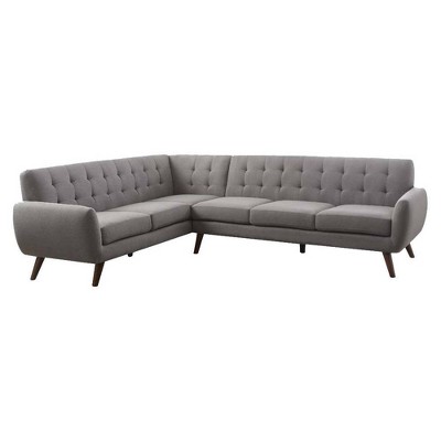 Elegant Mid-Century Light Gray Linen & Wood Sectional Sofa