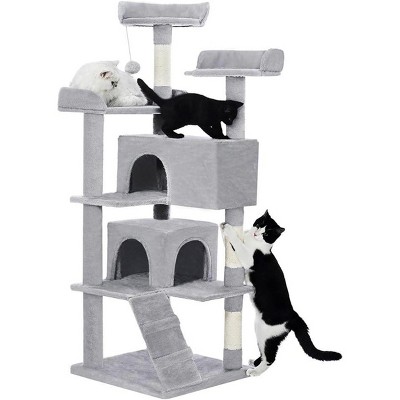 56" Multi-Level Cat Tree for Indoor Cats, Pet Activity Center with 2 Apartments, Scratching Posts, Perches & Toys, Light Gray