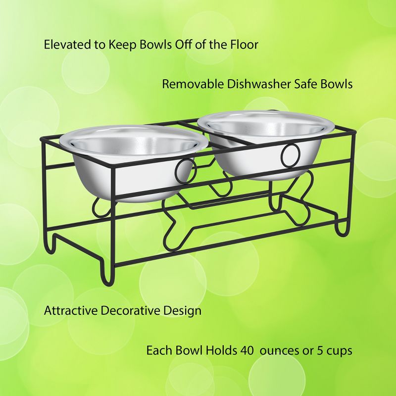Elevated Dog and Cat Bowls - Decorative 6.5-Inch-Tall Raised Stand with 2 Stainless-Steel Food and Water Bowls - Hold 40oz Each by PETMAKER (Black), 3 of 9