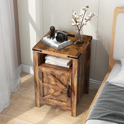 Farmhouse Wooden Bedside Table with Hinged Door, End Table Side Furniture with Large Storage Space for Bedroom, Living Room, Brown