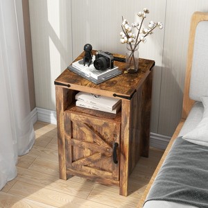 Farmhouse Wooden Bedside Table with Hinged Door, End Table Side Furniture with Large Storage Space for Bedroom, Living Room, Brown - 1 of 4