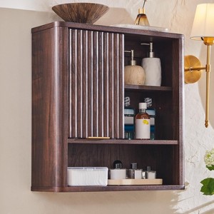 Bathroom Wall Cabinet with Sliding Door, Wood Hanging Cabinet with Adjustable Shelf & Faux Marble Top, Over The Toilet, Bathroom Cabinet - 1 of 4