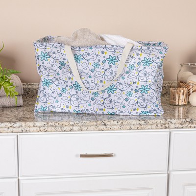Blue Floral Canvas Utility Tote with Vinyl Lining