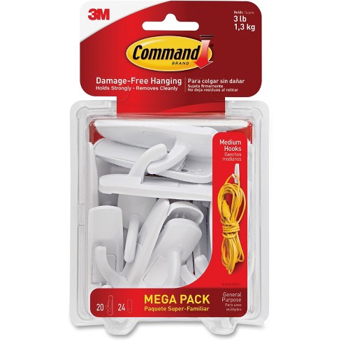 Command General Purpose Hooks 3lb Capacity Plastic White 20 Hooks 24  Strips/Pack 17001MPES