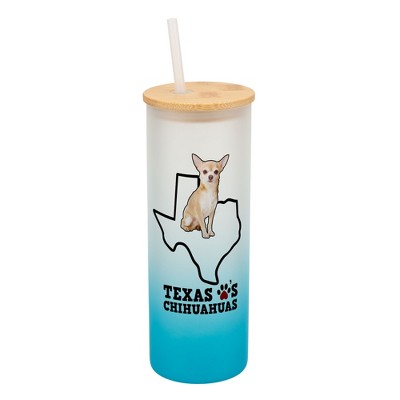Elanze Designs The Lonestar State Texas Loves Chihuahuas Sky Blue and White Ombre Frosted Glass Travel Tumbler with Straw and Wooden Lid, 25 Ounce