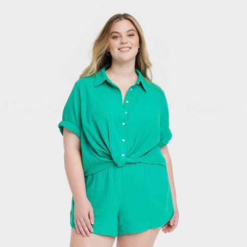 Women s Short Sleeve Collared Twist front Button down Shirt Universal Thread Target