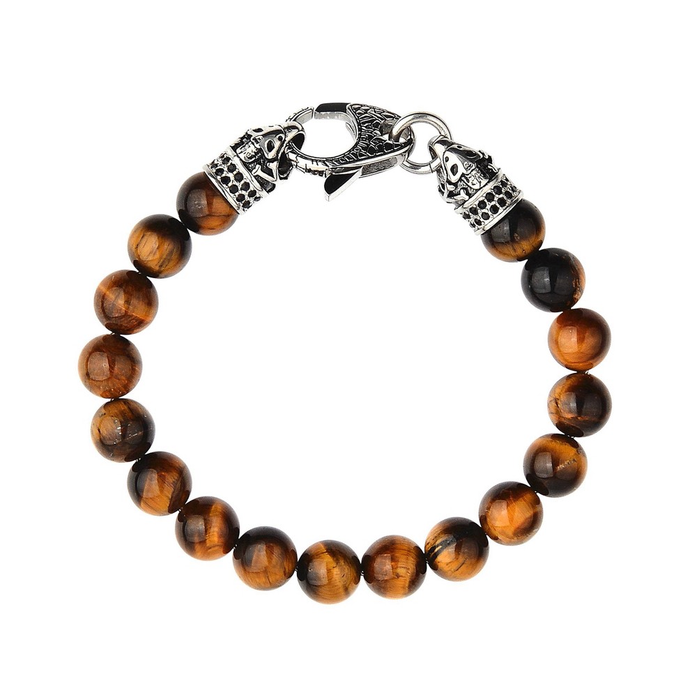 Photos - Bracelet Men's Tiger Eye Stone Antiqued Stainless Steel Clasp Beaded  (10mm