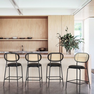 Arceso 24 Inch Faux Leather Bar Stools Set of 4, Rattan and Wood Backrest with Metal Legs, Modern Upholstered Round seat Chair