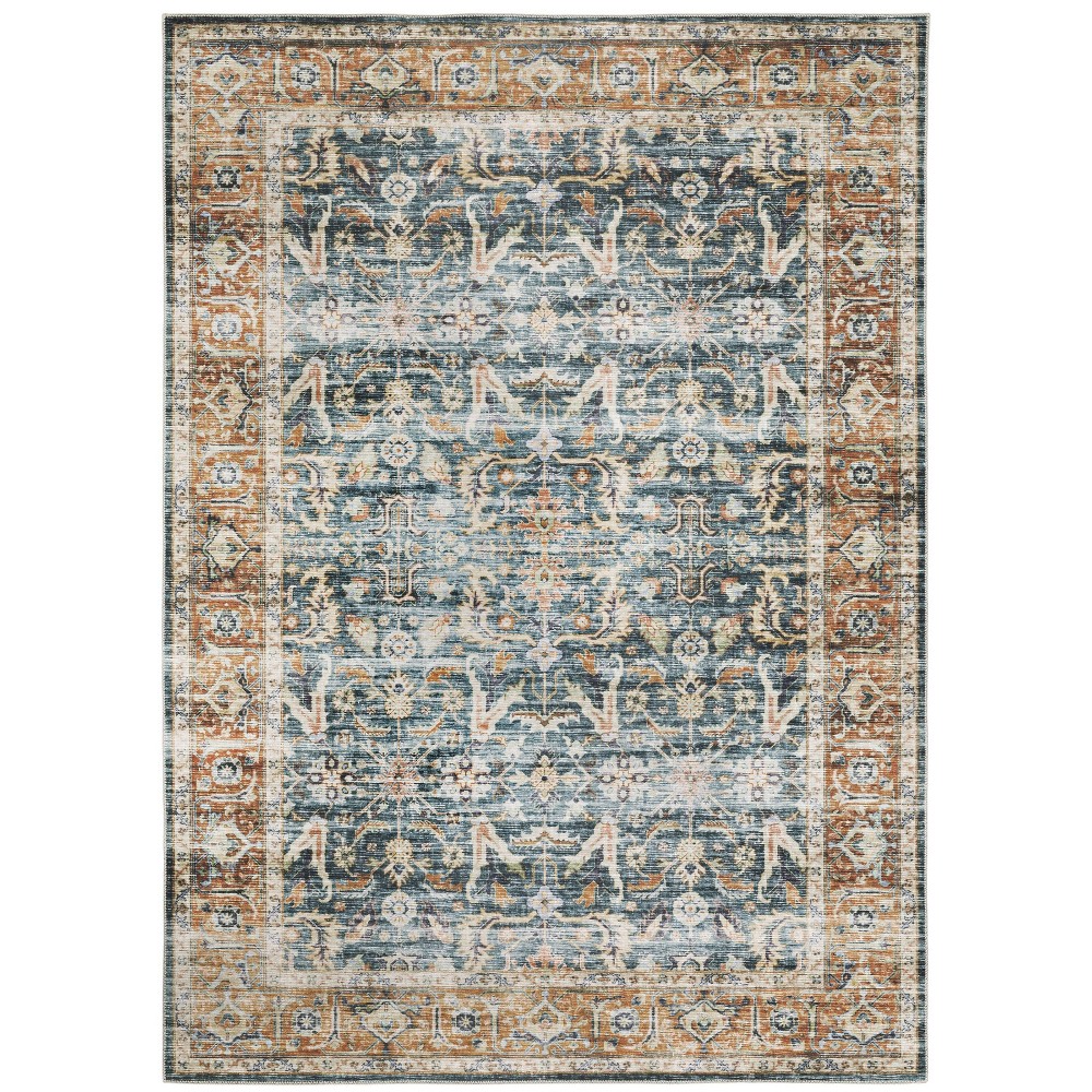 5'x7' Colette Washable Bordered Oriental Indoor Area Rug Blue/Rust - Captiv8e Designs