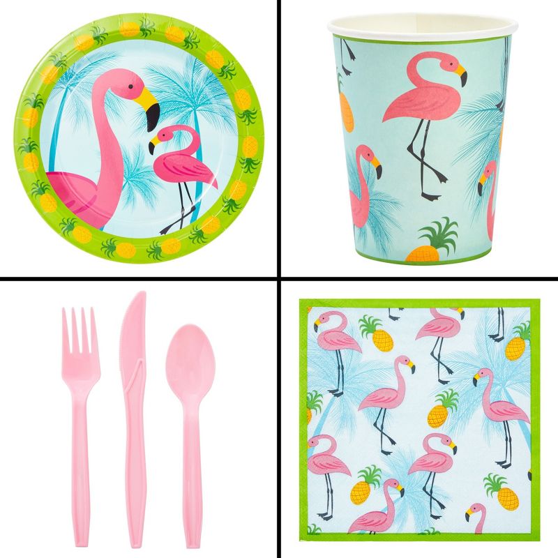 Juvale 144-Piece Pink Flamingo Birthday Party Supplies, Paper Plates, Napkins, Cups, Cutlery for Summer Hawaiian Themed Party, Baby Shower (24 Guests), 4 of 10