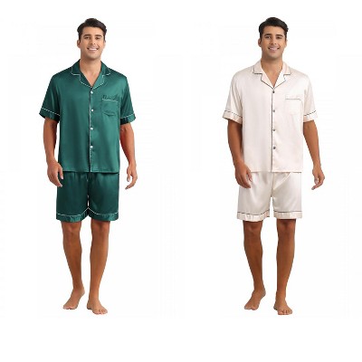 INSPIRE CHIC Men's 2 Pack Satin Pajamas Set Classic Short Sleeve Loungewear