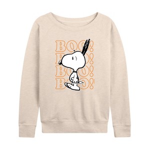 Women's - Peanuts - Boo Snoopy Scared Lightweight French Terry Wide Neck Long Sleeve Shirt - 1 of 4