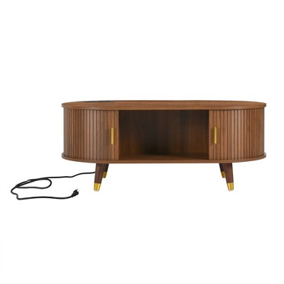 Lirago 43" Century Farmhouse Wooden Oval Coffee Table Black Fluted Design with Charging Station Sliding Tambour Door Solid Wood Legs