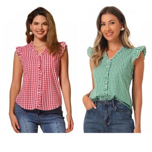 INSPIRE CHIC Women's Cap Sleeve Plaid Gingham Ruffle Shirt 2 Packs - 1 of 4