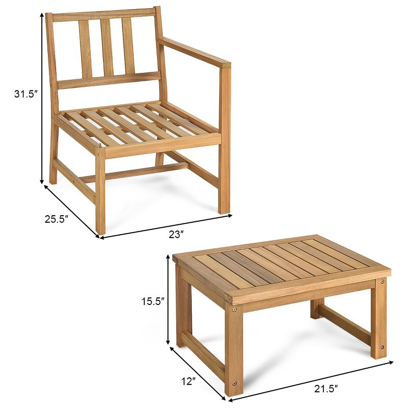 Costway 3 in 1  Patio Table Chairs Set Solid Wood Garden Furniture, 3 of 12