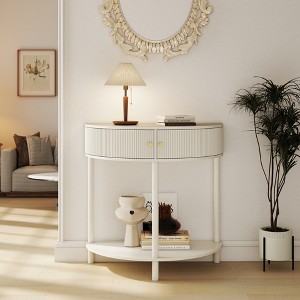GDFStudio Kaveh Modern Wave-Pattern Half-Moon Wooden Console Table with 2 Drawers and Open Shelf - 1 of 4