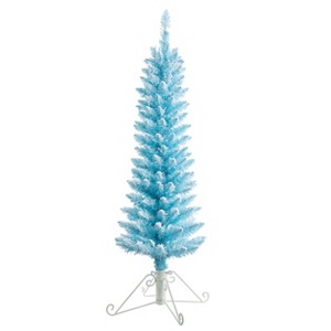4ft Pre-Lit Flocked Fir Artificial Christmas Tree Cotton Candy Blue - Haute Décor: Slim & Seasonal Decor - 1 of 3