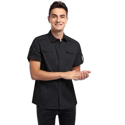 Men's Casual Outdoor Tab Sleeve Button Down Solid Color Cotton Cargo Shirt