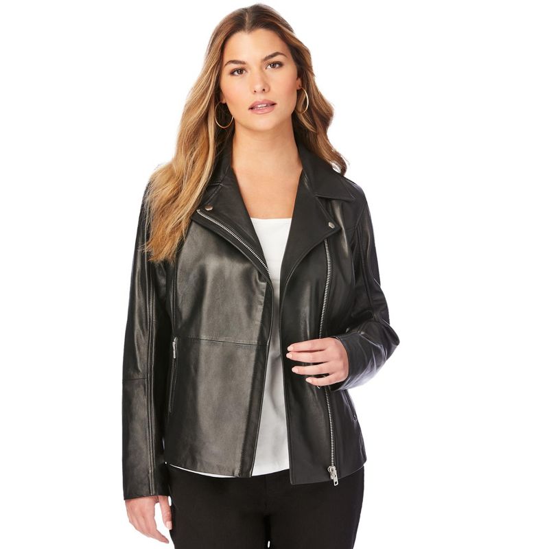 Roaman's Women's Plus Size Leather Moto Jacket, 1 of 2