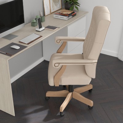 Ivory Ultra-Suede High-Back Swivel Office Chair with Driftwood Metal Base