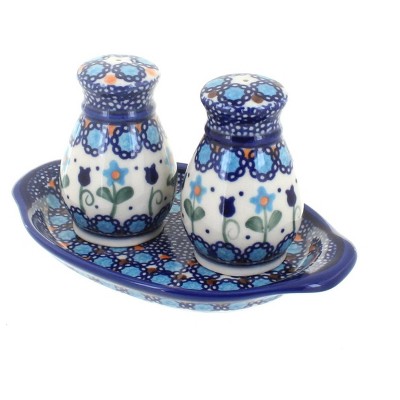 Blue Rose Polish Pottery Savannah Salt & Pepper Shakers with Tray