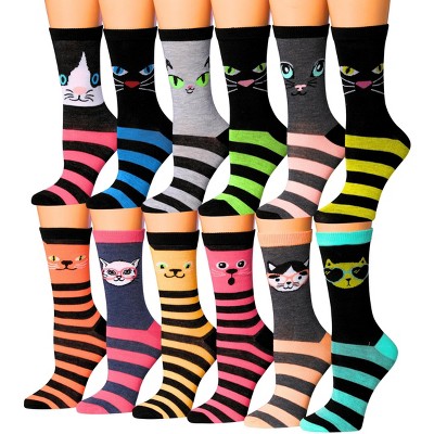 Tipi Toe Women's 12 Pairs Lightweight Colorful Whisker Stripes Patterned Crew Socks
