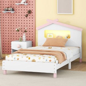 Twin Size Bed Frames, Wooden Platform Bed With House-shaped Headboard, Motion Activated Night Lights, White+Pink - 1 of 4