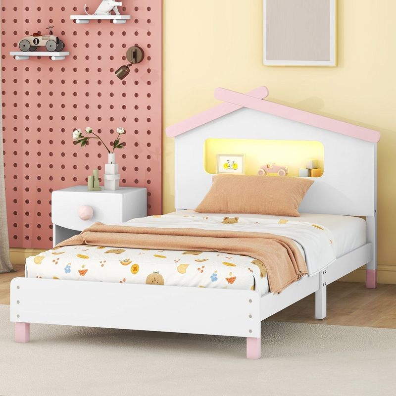 Twin Size Bed Frames, Wooden Platform Bed With House-shaped Headboard, Motion Activated Night Lights, White+Pink, 1 of 8