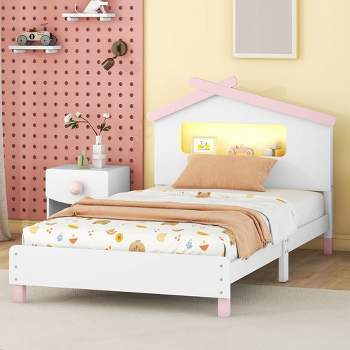 Twin Size Bed Frames, Wooden Platform Bed With House-shaped Headboard, Motion Activated Night Lights, White+Pink