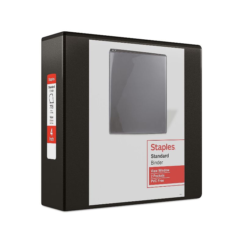4" Staples Standard View Binder with D-Rings Black 976181, 1 of 9