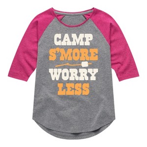 Girls' - Instant Message - Camp Smore Worry Less Shirt Tail Raglan Graphic T-shirt - 1 of 4
