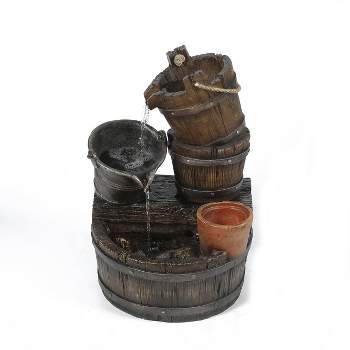 LuxenHome Resin Brown Farmhouse Barrel and Buckets Outdoor Fountain with Planter and LED Lights.