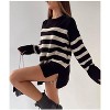 Women's Long Sleeve Round Neck Striped Print Long Knit Sweater with Side Slits,M,Black - 2 of 3
